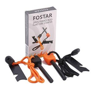 FOSTAR Ferrocerium Alloy Rod Fire Starter, 5/16 Inch Thick Waterproof Fire Steel, Bushcraft Ferro Rod with Easy Grip Handle, Multi-Tool Striker and Paracord Lanyard (2PCS, Black and Orange)
