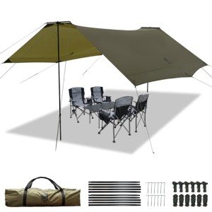 GEERTOP Camping Tarp with Poles, 14x12 ft Waterproof Tent Tarp Canopy Survival Tarp Shelter Rain Fly for Camping, Picnic, Beach, Festival, Outdoor Activities, Extra Large