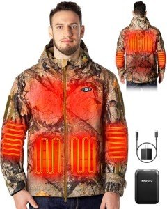 WASOTO Heated Jackets for Men With 16000mAh Battery Pack Included Windproof Water Resistant Mens Heated Jacket with Foldable Hood (Camo,M)