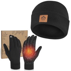 RIGWARL Soft Mens Hat and Winter Gloves Set for 32-50℉, Warm Hat and Waterproof Touchscreen Gloves for Men Women, Black