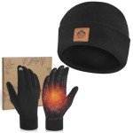 RIGWARL Soft Mens Hat and Winter Gloves Set for 32-50℉, Warm Hat and Waterproof Touchscreen Gloves for Men Women, Black