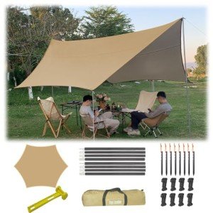 15ft x 15ft Camping Tarp Shelter with Poles Large Tent Tarp Waterproof Rain Fly for Hammock Cover Bushcraft Picnic Backpacking Outdoor Survival