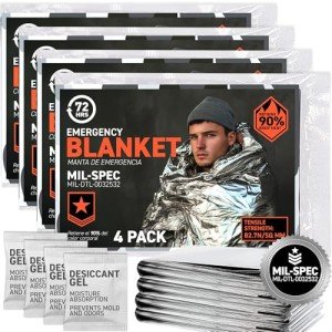 72 HRS MIL-SPEC Emergency Space Blankets – Mylar Survival or Emergency Thermal Blankets for Camping, Hiking, Marathon, First Aid, Emergency Preparedness, Extreme Weather, Shelter (4-Pack)