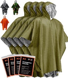 PREPARED4X Emergency Poncho with Mylar Blanket Liner – Heavy Duty, Waterproof, Wind-Resistant Green Rain Poncho for Outdoors, Camping, and Car Emergency Kits - Thermal Poncho - 4 Pack (Green)