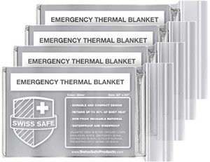 Swiss Safe 4 Pack Mylar Emergency Blankets for Survival - Compact & Insulated for Cold Weather - Designed for NASA, Outdoor, Running, Camping, Survival, First Aid Car Kit - Silver, 4 Pack