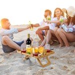 Kingrol Bamboo Wine Picnic Table with Wine Bottle, Glass and Cheese Knife Holder - for Park Camping Beach Outdoor Snack, Wine Lover Gift, Foldable and Portable, 16.1 x 12.5 x 6 Inch
