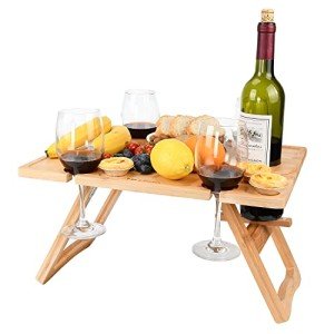 Tirrinia Portable Wine Picnic Table, Ideal Wine Gift for Women Men, Small Folding Wine Table & Cheese Tray with 4 Wine Glasses Holder for Camping, Park, Beach, Garden, Concerts,Wooden Leg