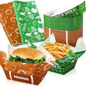 Pajean 100 Pcs Football Party Decoration 1.1 lb 50 Football Paper Food Serving Trays with 50 Grease Resistant Liner Papers for Birthday Party Supplies Sport Game Event Favors