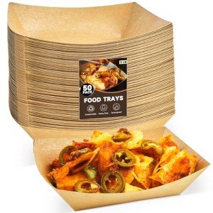 ZORRITA 3 Lb Paper Food Trays - 50 Pack Disposable Nacho Trays, Kraft Paper Food Boats Taco Holders Party Serving Baskets for Hot Dogs Snacks Tacos Fries