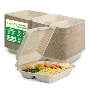 TreeTute 100-Pack [8”X8” 3 Compartment] Clamshell Take Out Food Containers,100% Compostable Disposable To Go Containers,Heavy Duty,Eco-Friendly Biodegradable Bagasse Take Out Boxes for Food(Brown)