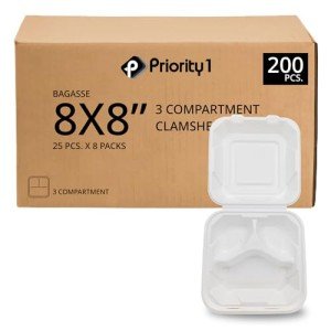 Priority1 Paper 8x8 Inch, 200 Count, 3 - Compartment Clamshell, 100% Compostable to Go Containers with Hinged Lid, Natural Disposable Bagasse, double-lock closure, preventing food from leaking out