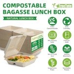 TreeTute 100-Pack [8”X8” 3 Compartment] Clamshell Take Out Food Containers,100% Compostable Disposable To Go Containers,Heavy Duty,Eco-Friendly Biodegradable Bagasse Take Out Boxes for Food(Brown)