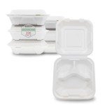 Priority1 Paper 8x8 Inch, 200 Count, 3 - Compartment Clamshell, 100% Compostable to Go Containers with Hinged Lid, Natural Disposable Bagasse, double-lock closure, preventing food from leaking out