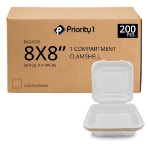 Priority1 Paper 8x8 Inch, 200 Count, 1 - Compartment to go Containers with Lids, Disposable Take Out Food Containers, Microwave Safe Clamshell