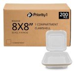 Priority1 Paper 8x8 Inch, 200 Count, 1 - Compartment to go Containers with Lids, Disposable Take Out Food Containers, Microwave Safe Clamshell