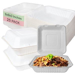 Compostable Square Hinged Clamshell Take Out Food Container 9x9x3 inch,Heavy Duty Quality Disposable to go Containers, Single Compartment Eco-Friendly Takeout Box, Restaurants, Food Trucks (25)