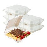 Priority1 Paper 8x8 Inch, 200 Count, 1 - Compartment to go Containers with Lids, Disposable Take Out Food Containers, Microwave Safe Clamshell