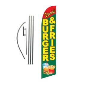 Burgers and Fries Restaurant Feather Banner Swooper Flag Set with 15 foot Flag Pole Kit and Ground Stake