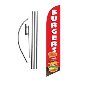 Burgers Restaurant Advertising Feather Banner Swooper Flag Sign with Flag Pole Kit and Ground Stake