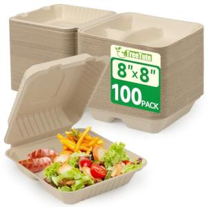 TreeTute 100-Pack [8”X8” 3 Compartment] Clamshell Take Out Food Containers,100% Compostable Disposable To Go Containers,Heavy Duty,Eco-Friendly Biodegradable Bagasse Take Out Boxes for Food(Brown)