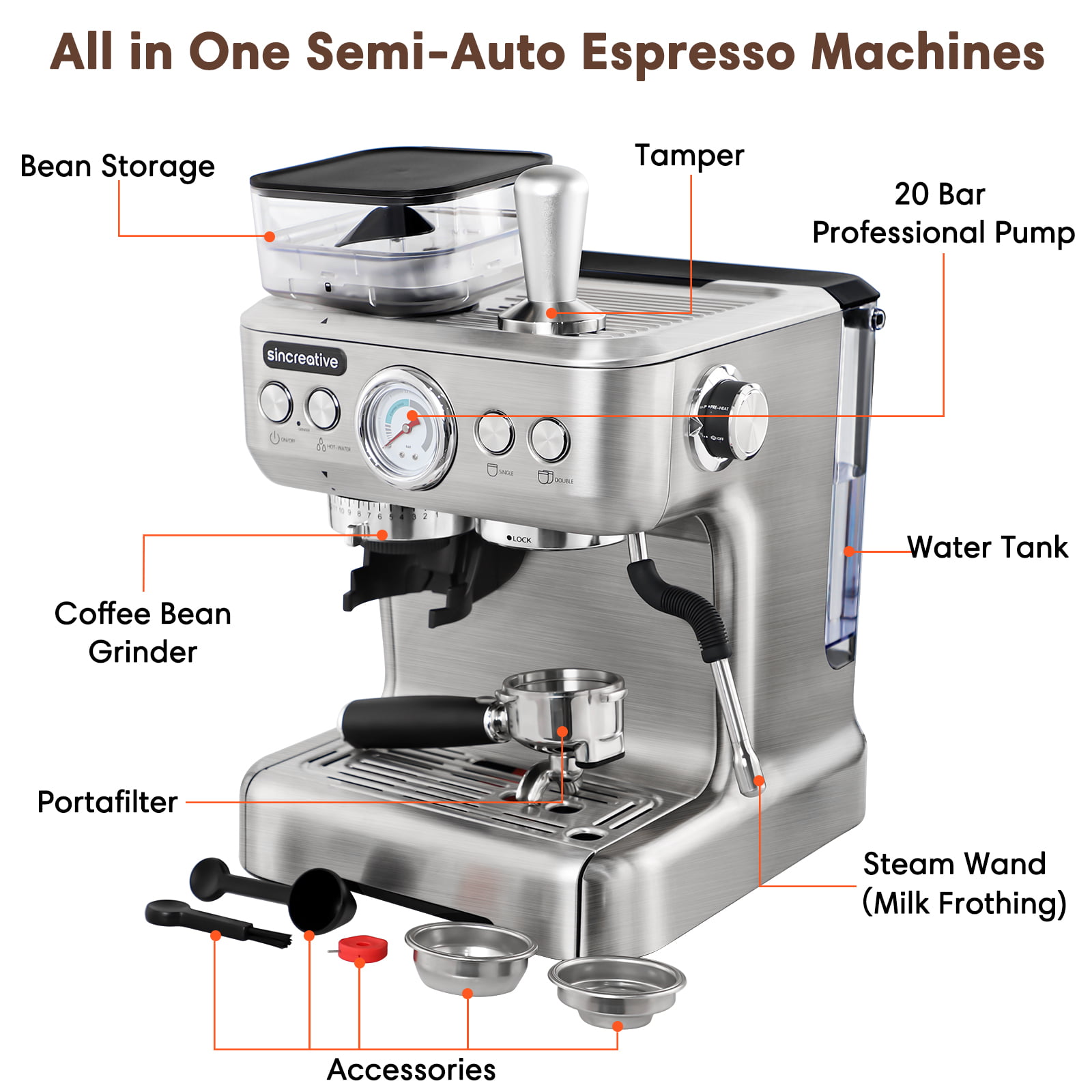 Semi-Automatic Espresso Coffee Maker with Grinder