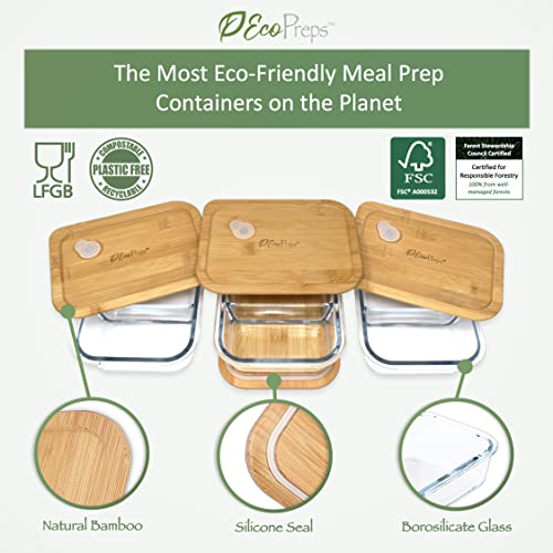 EcoPreps Glass Meal Containers with Bamboo Lids (3 Pack)