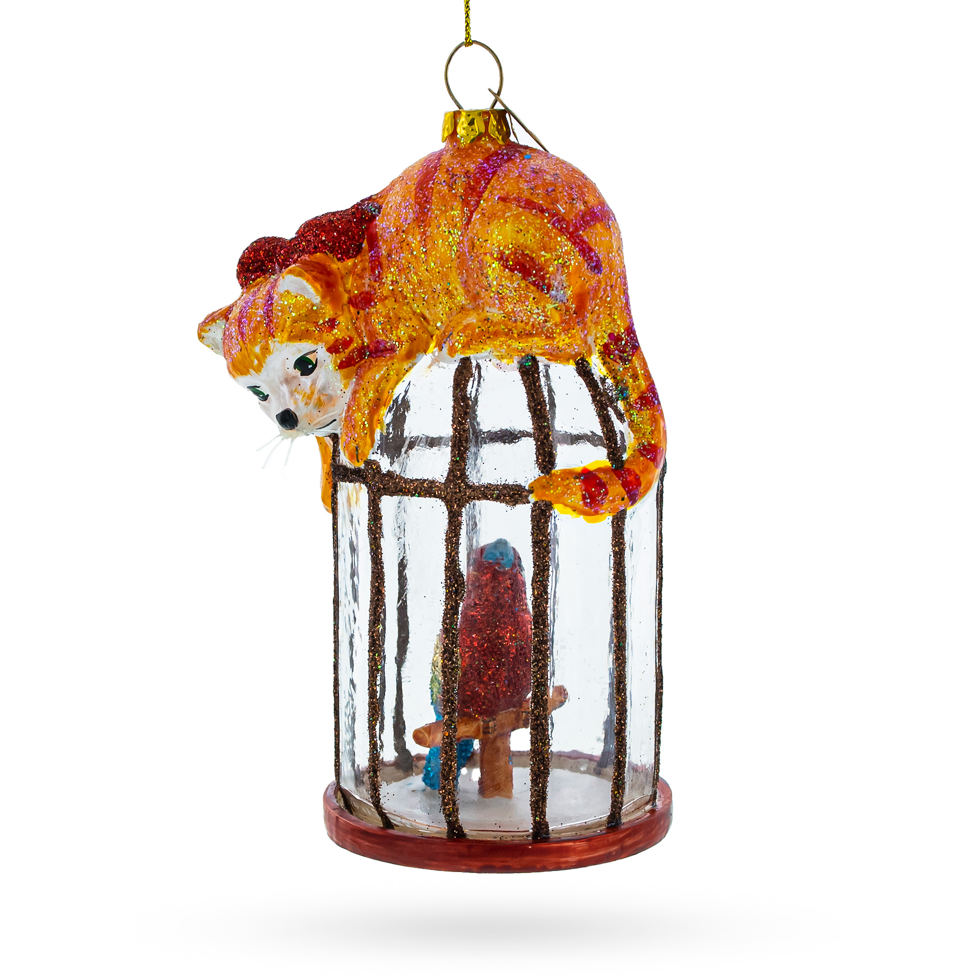Parrot Cage Glass Ornament with Cat 5
