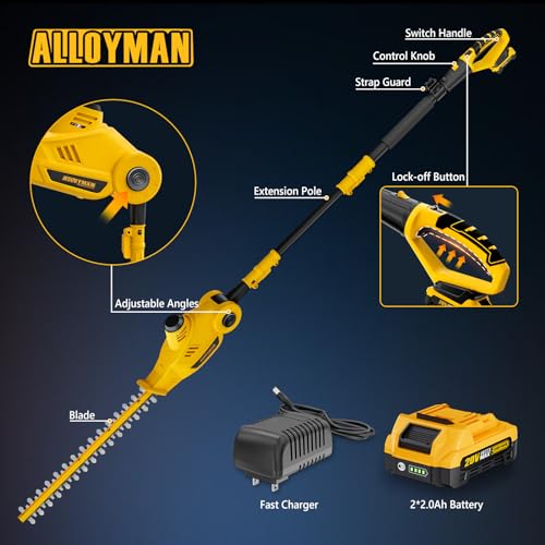 Alloyman 20V Telescoping Pole Hedge Trimmer, 2 Batteries