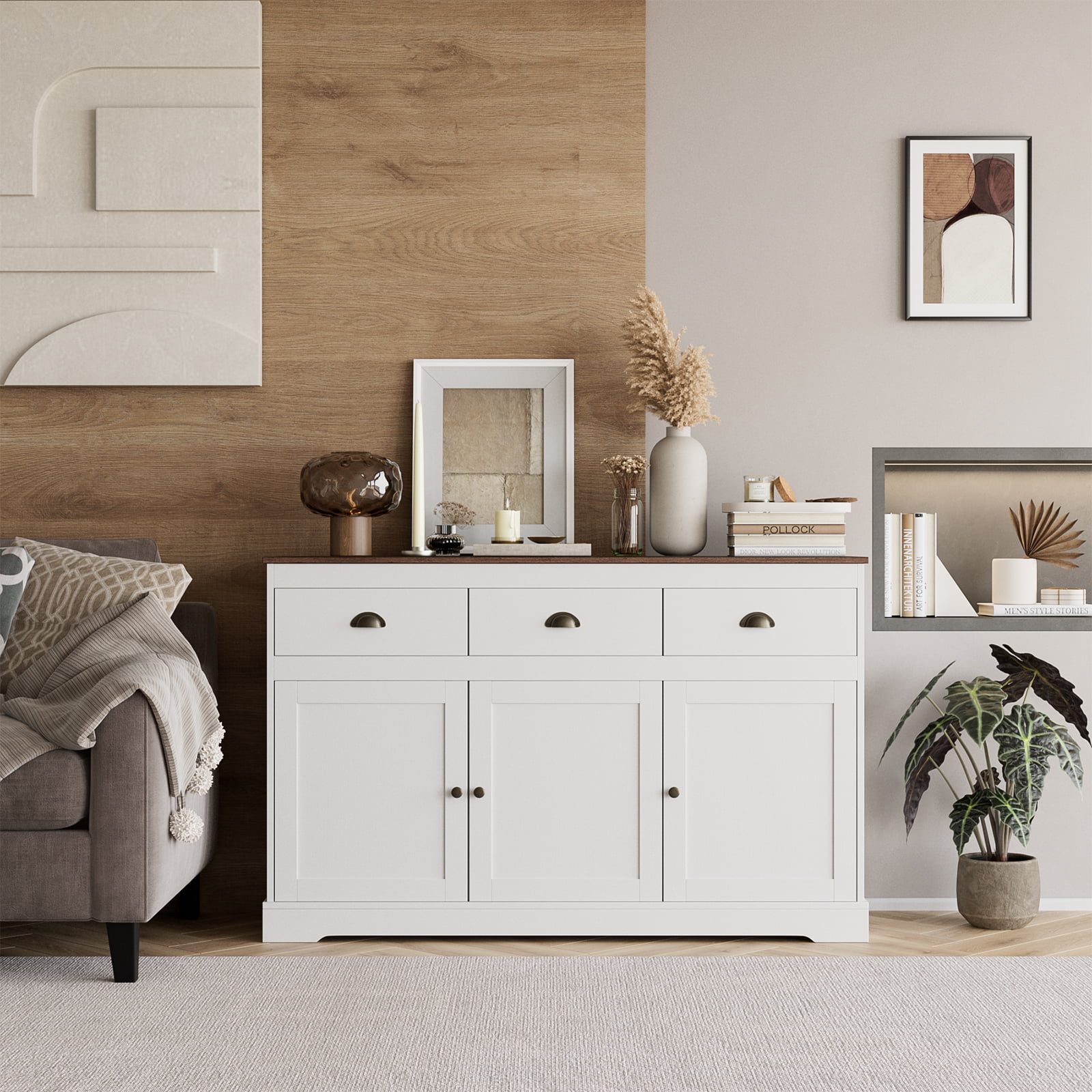 White Sideboard Cabinet with 3 Drawers & Doors
