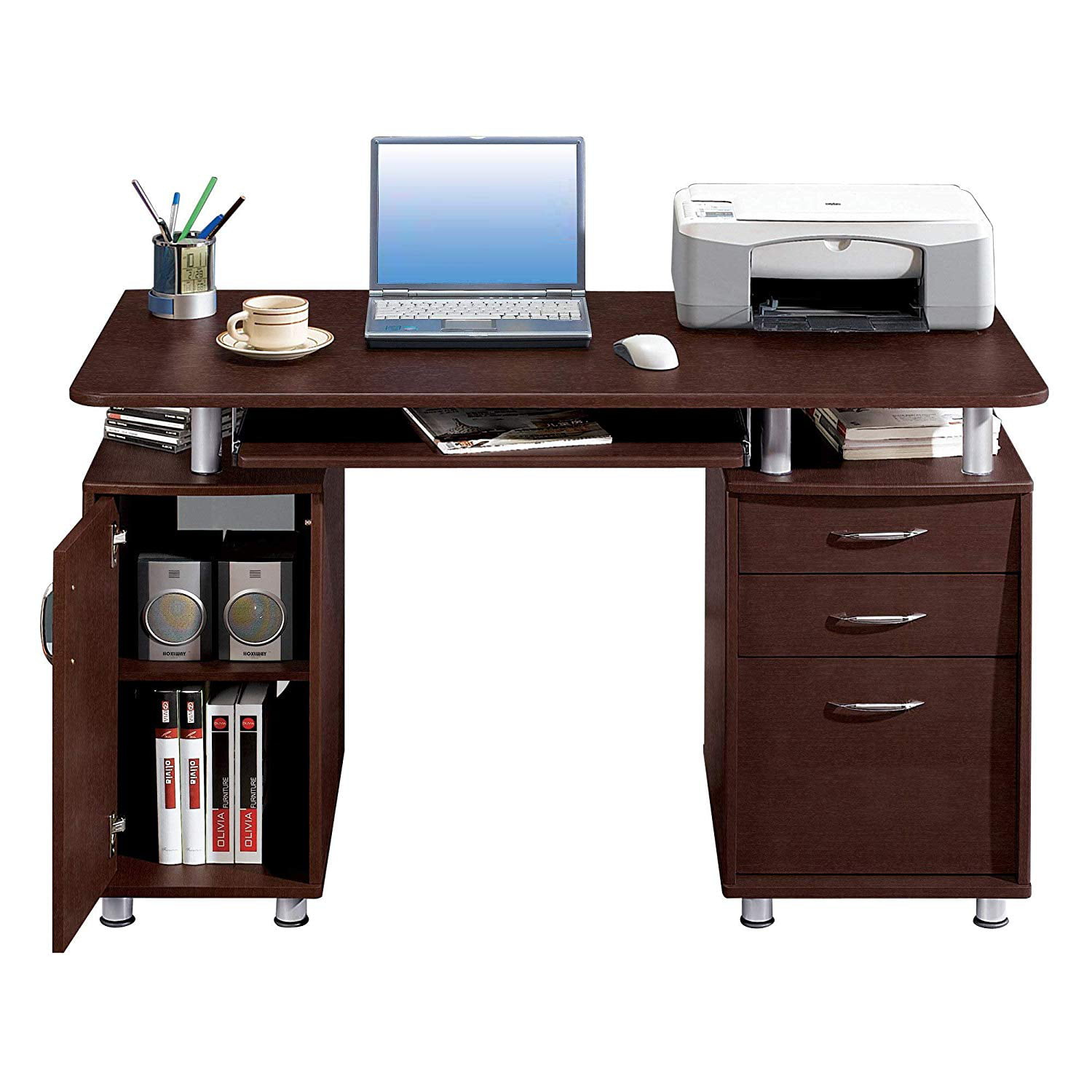 Brown Computer Desk with Bookcase and Drawers