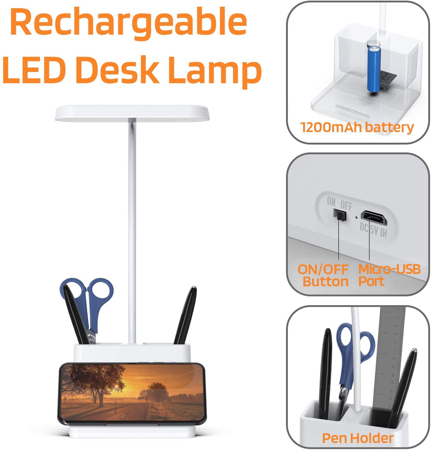 LED Desk Lamp with USB Charging Port & Pen Holder