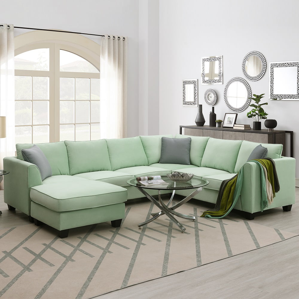 Green Modular Sectional Sofa with Ottoman, 7 Seats
