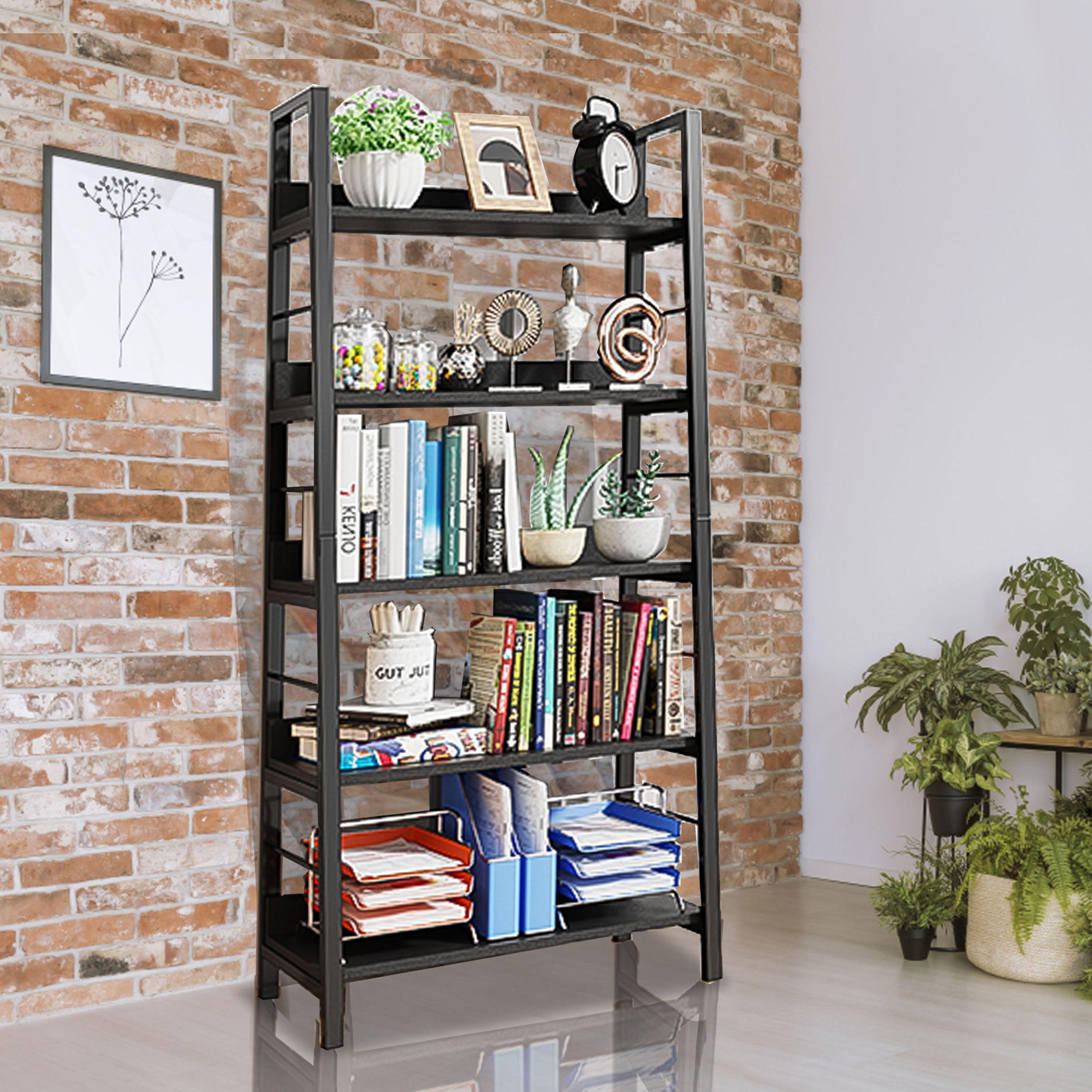 5-Tier Black Ladder Bookshelf for Home Office