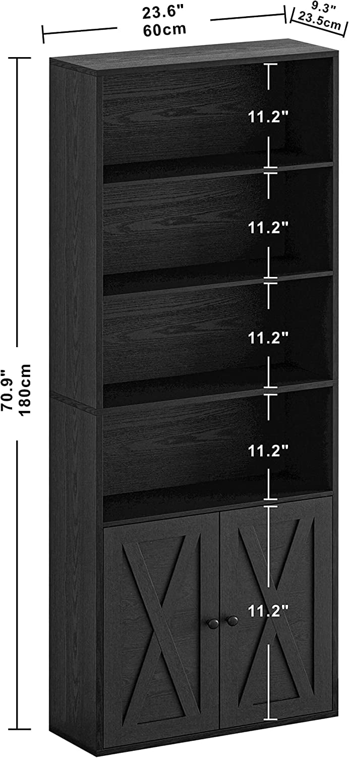 Industrial 6-Shelf Bookcase with Doors