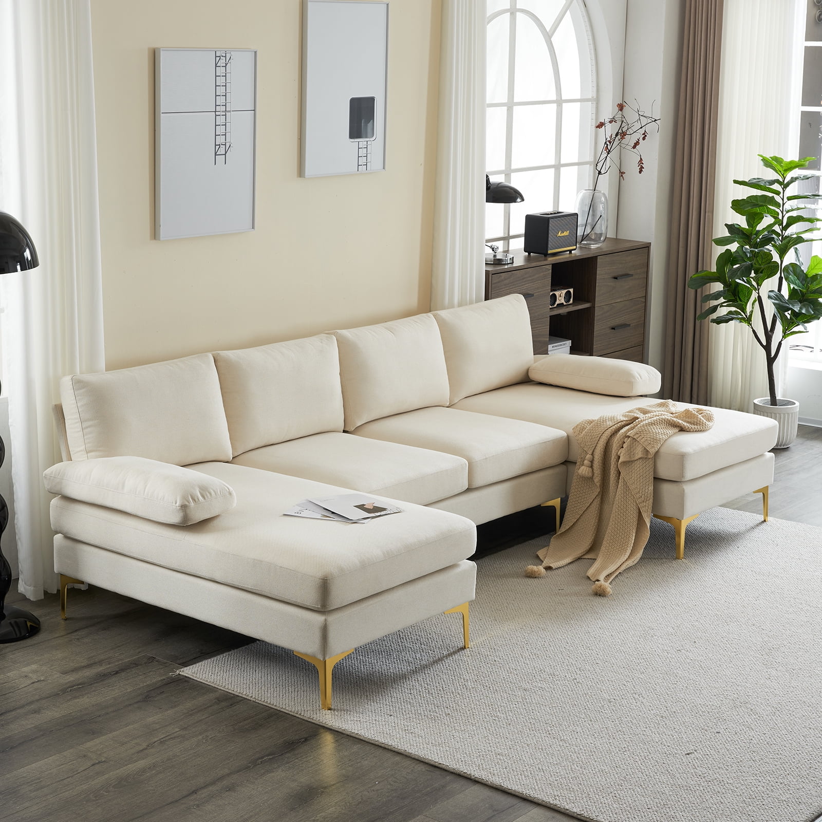 Beige U-Shaped Sectional Sofa with Reversible Chaise