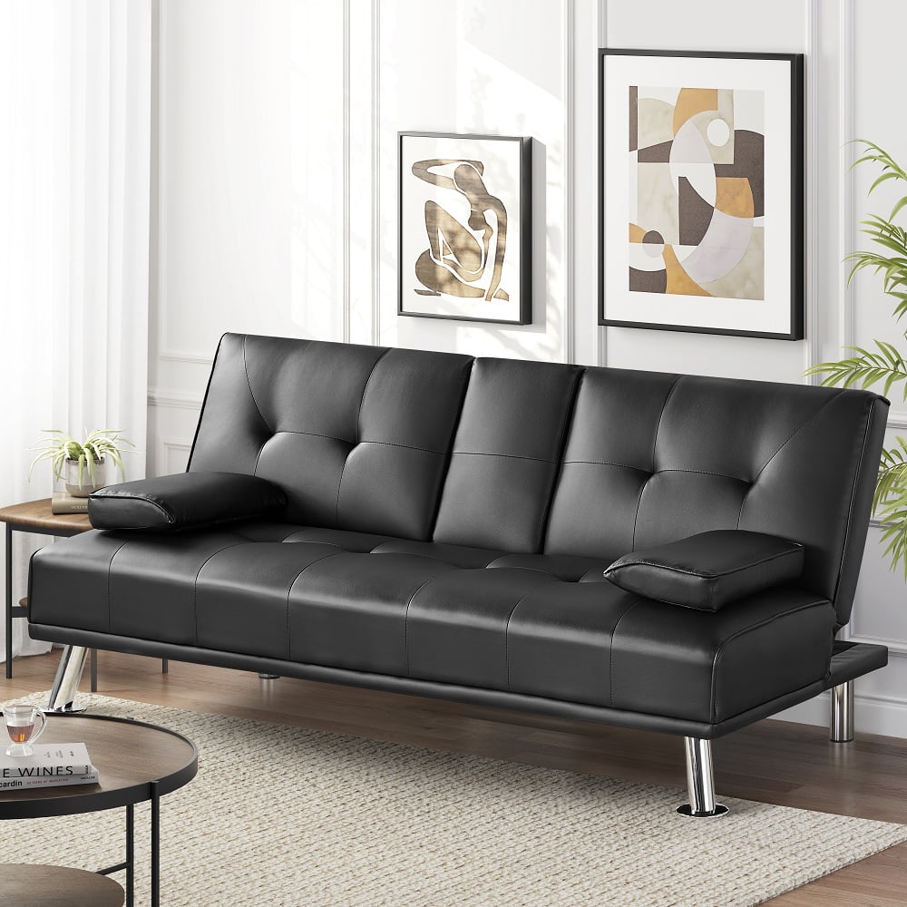 Black Faux Leather Futon with Cupholders and Pillows