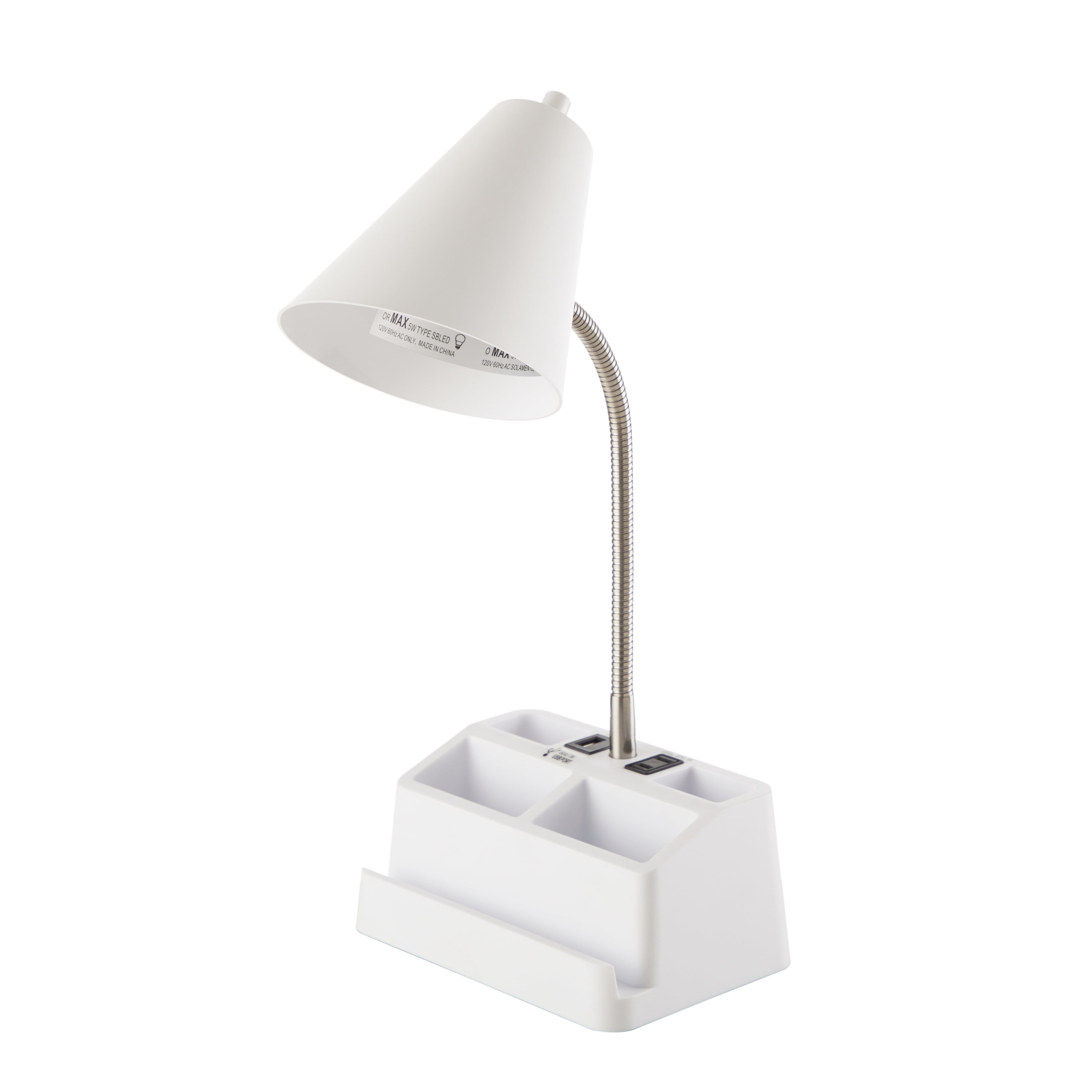 White Task Lamp with USB Port and Outlet