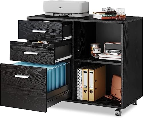 Black 3-drawer mobile file cabinet with shelves