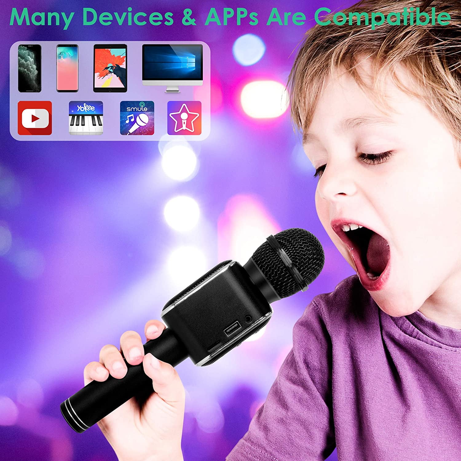 Bluetooth Karaoke Microphone for Kids with LED Lights