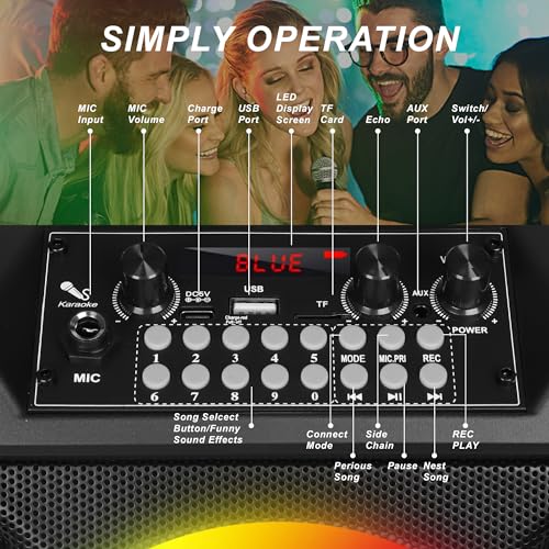 Karaoke Machine: Wireless Dual Mic, Portable, LED Lights