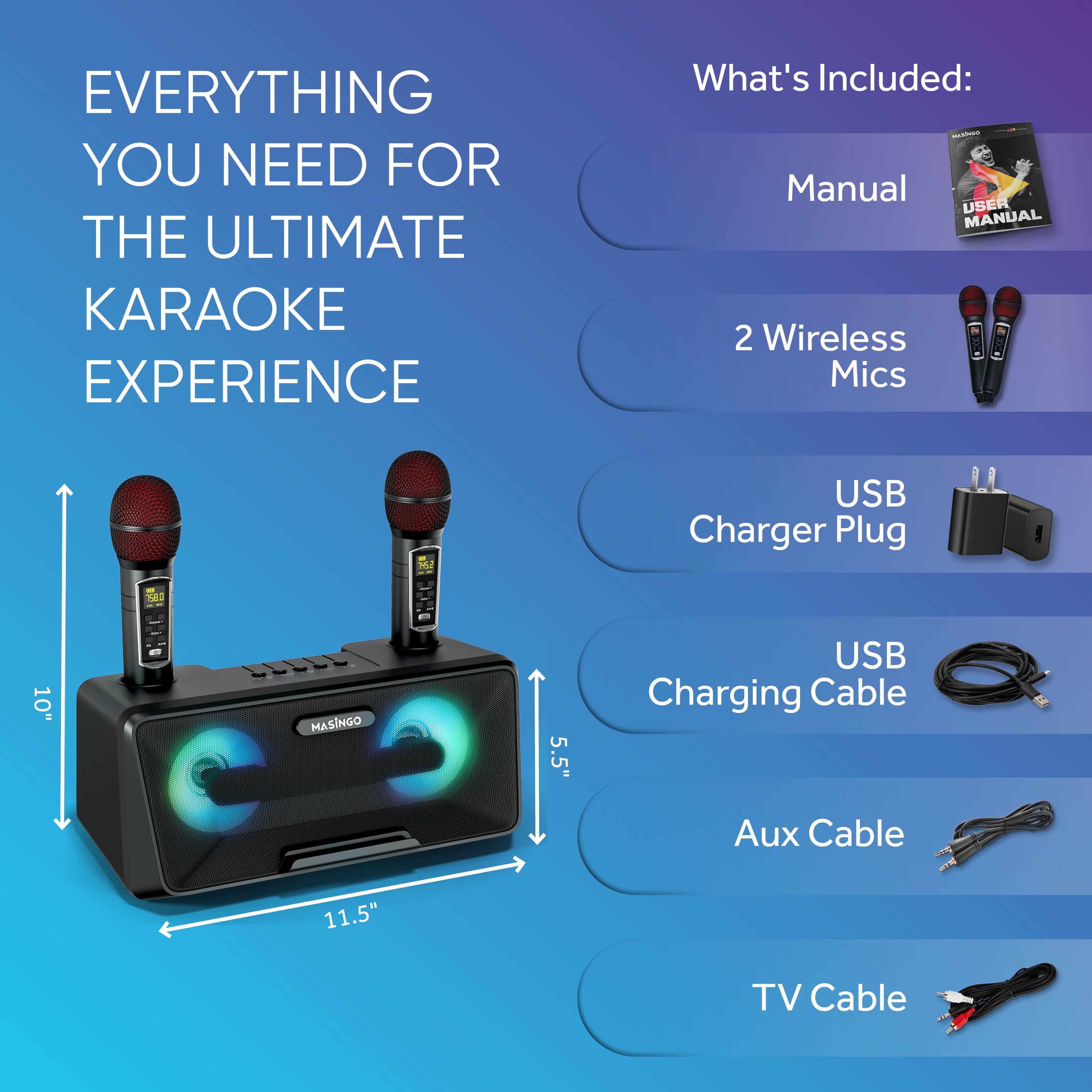 MASINGO Portable Karaoke Machine with Wireless Microphones - Presto G2