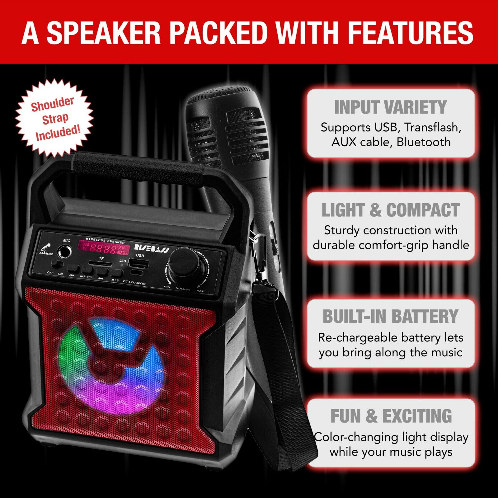 Bluetooth Karaoke Speaker with Microphone and Party Light