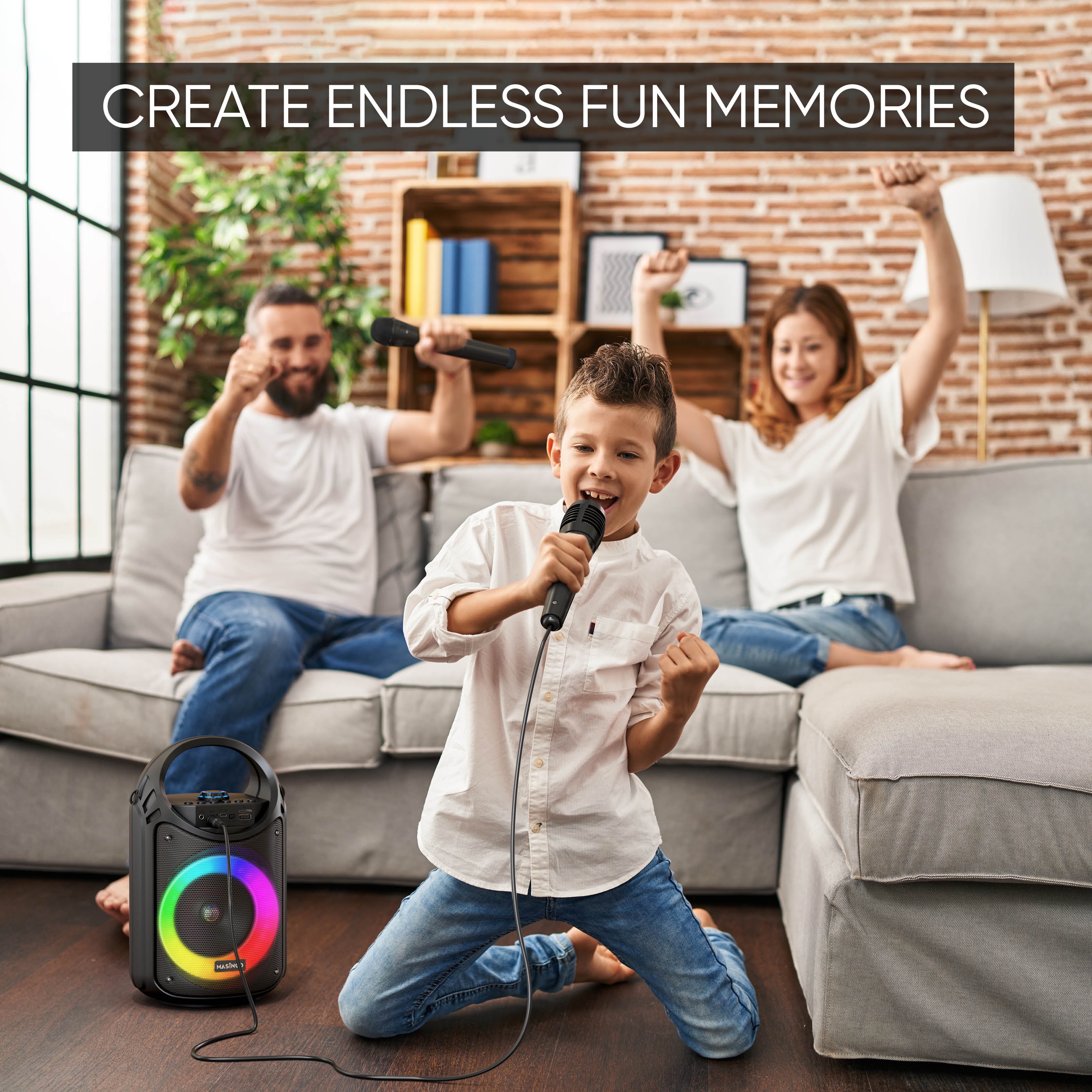 MASINGO 2023 Bluetooth Karaoke Machine - Wireless Mic, LED Lights