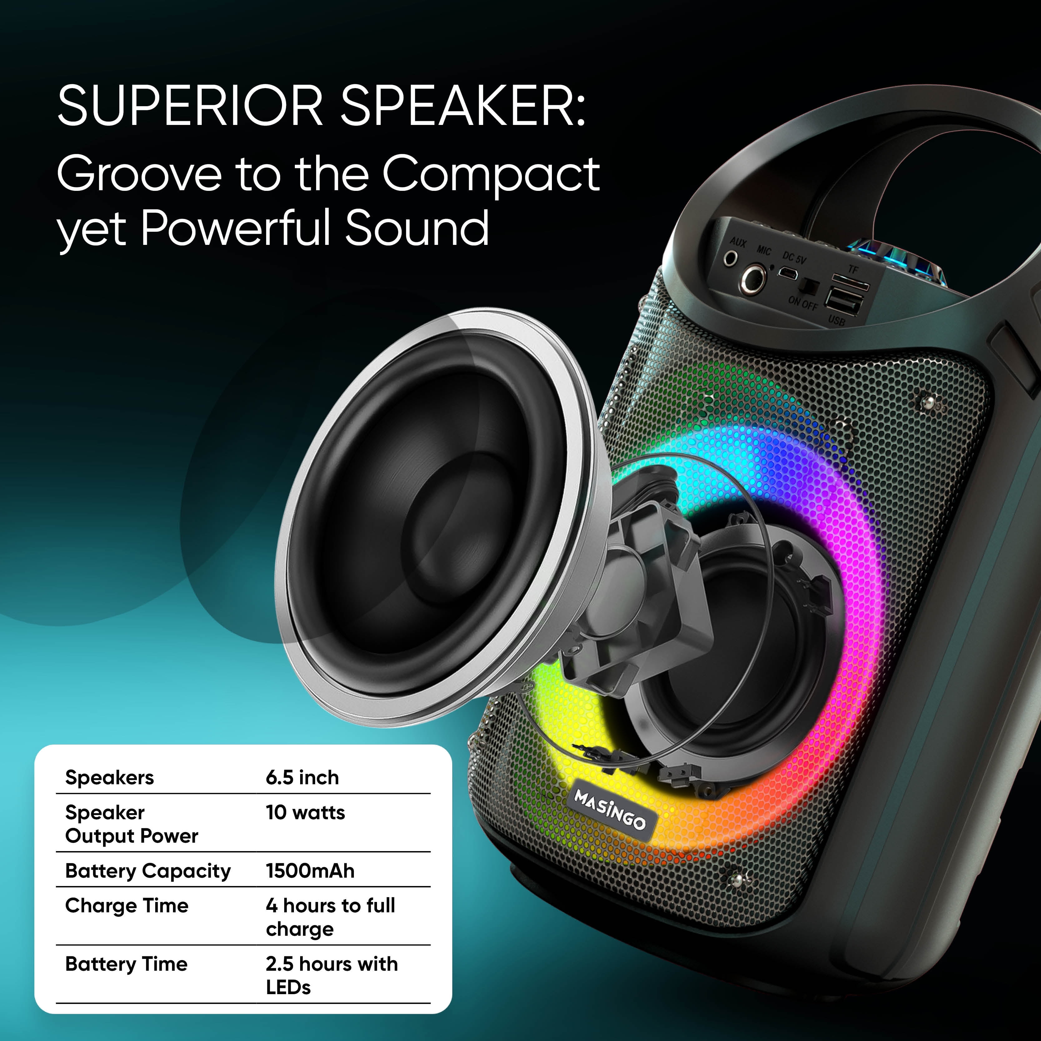 MASINGO 2023 Bluetooth Karaoke Machine - Wireless Mic, LED Lights