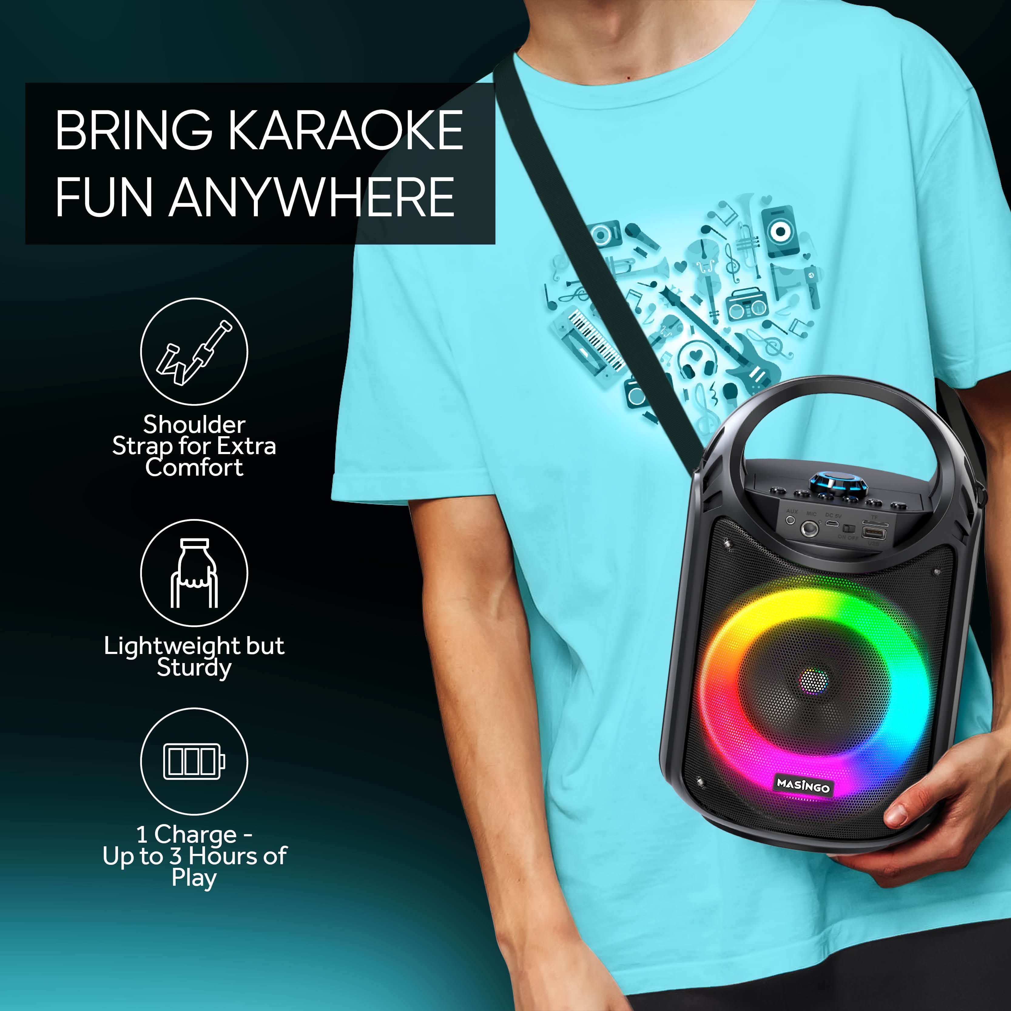 MASINGO 2023 Bluetooth Karaoke Machine - Wireless Mic, LED Lights