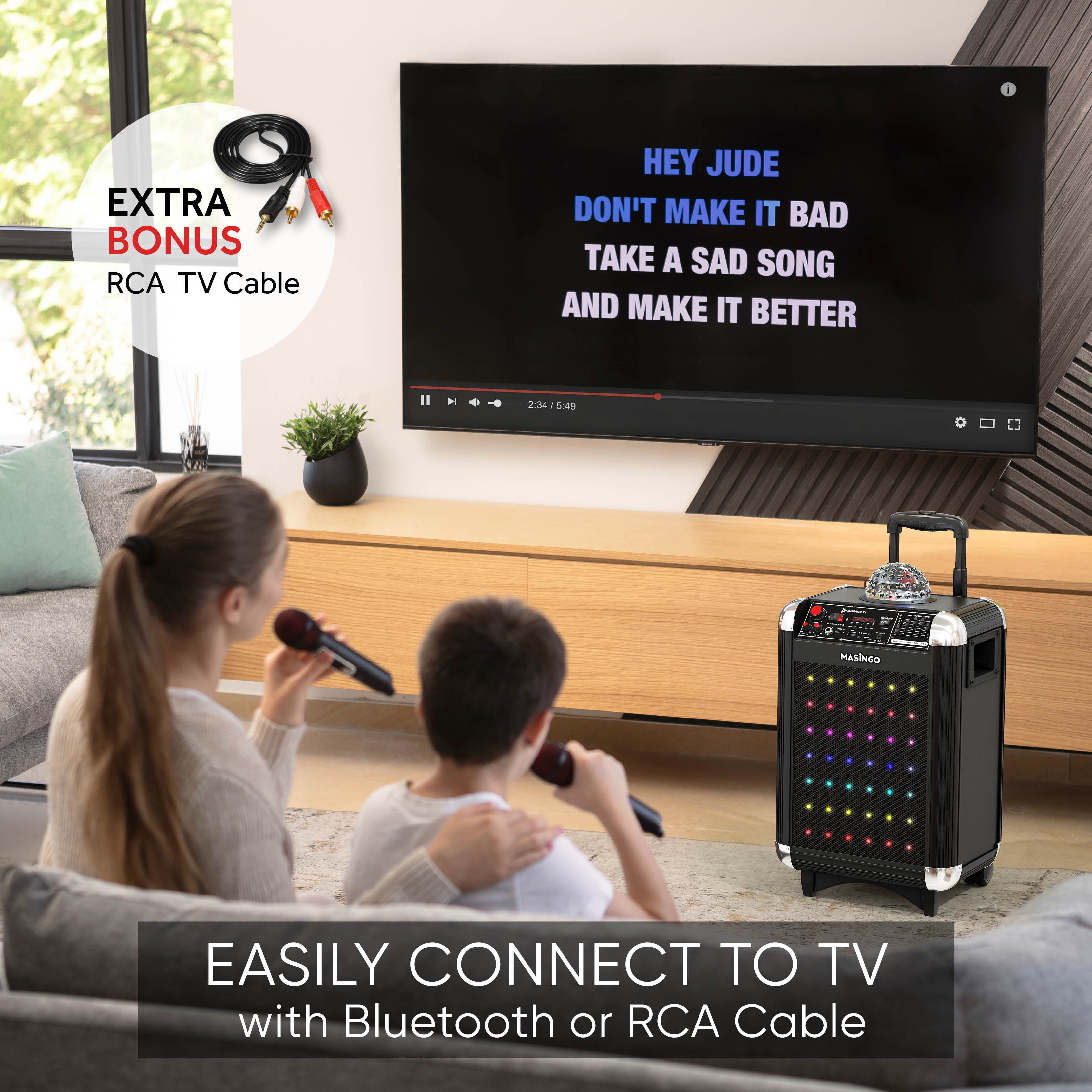 MASINGO Karaoke Machine with UHF Wireless Microphones - Portable Singing System