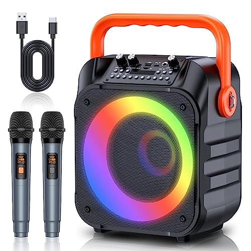 Portable Karaoke Machine with Wireless Microphones and LED Lights