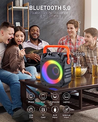 Portable Karaoke Machine with Wireless Microphones and LED Lights
