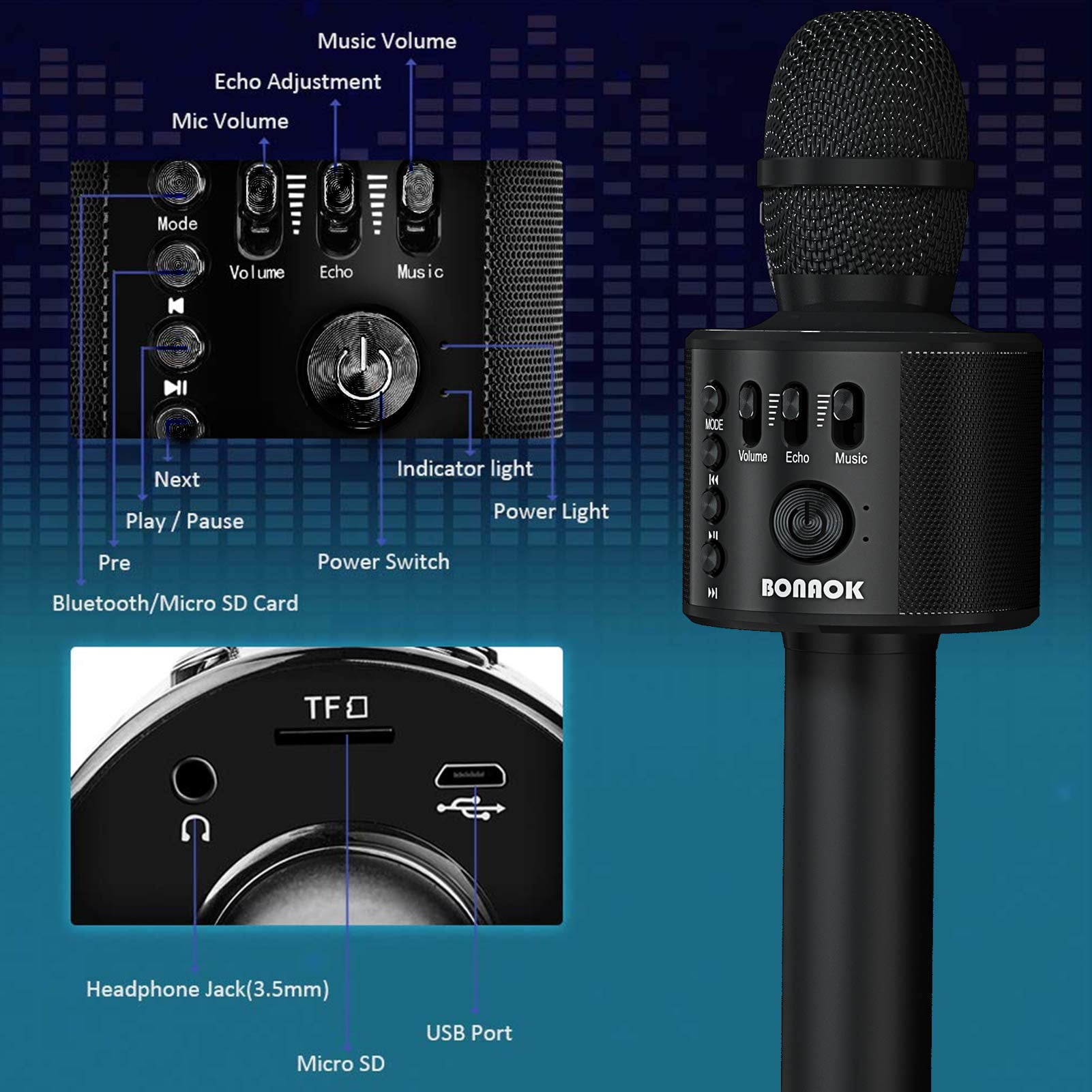 BONAOK 3-in-1 Bluetooth Karaoke Microphone (Black)