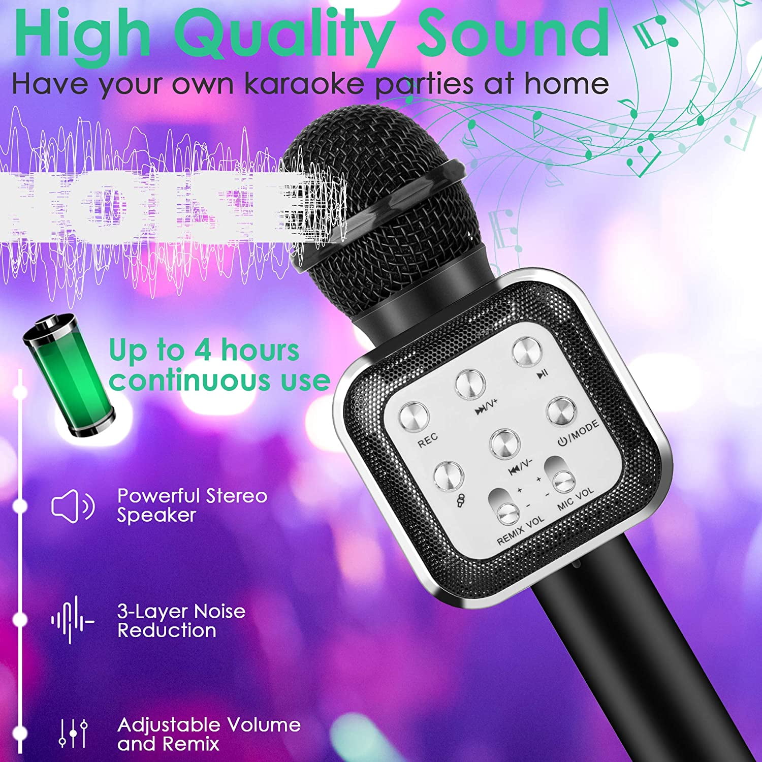 Bluetooth Karaoke Microphone for Kids with LED Lights